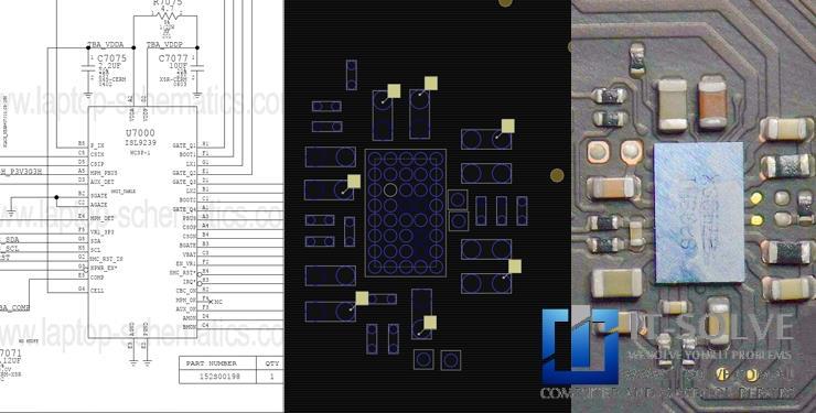 Circuit Design, Board View and Microscope view of the ISL9239 charging chip
 on Macbook Pro